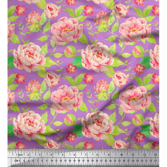 Soimoi Purple Heavy Canvas Fabric Leaves & Peony Floral Print Sewing Fabric Yard 58 Inch Wide