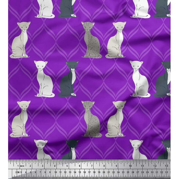 Soimoi Purple Heavy Canvas Fabric Quatrefoil Cat Animal Printed Craft Fabric by The Yard 58 Inch Wide
