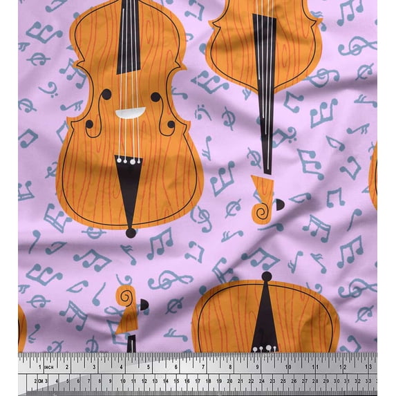 Soimoi Purple Heavy Satin Fabric Notes & Violin Musical Instrument Print Fabric by Yard 54 Inch Wide