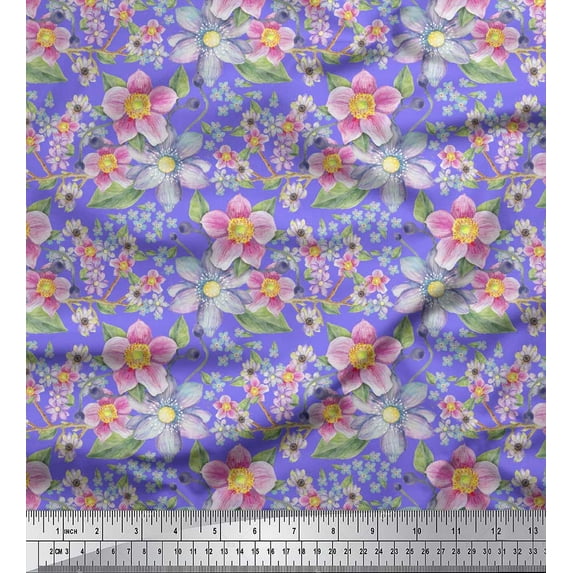 Soimoi Purple Japan Crepe Satin Fabric Anemone & Lavender Blue Flower Floral Decor Fabric Printed Yard 44 Inch Wide