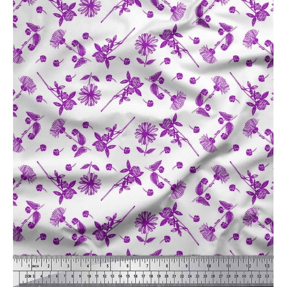 Soimoi Purple Japan Crepe Satin Fabric Clover & Daisy Floral Printed Fabric 1 Yard 42 Inch Wide