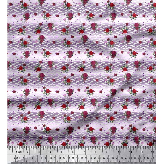 Soimoi Purple Japan Crepe Satin Fabric Maze & Rose Floral Decor Fabric Printed Yard 42 Inch Wide
