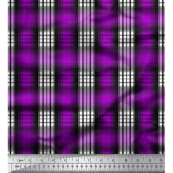 Soimoi Purple Japan Crepe Satin Fabric Plaid Check Printed Craft Fabric by the Yard 42 Inch Wide