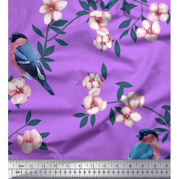 Soimoi Purple Moss Georgette Fabric Peach Floral & American Robin Bird Print Fabric by The Yard 44 Inch Wide
