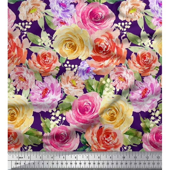 Soimoi Purple Poly Georgette Fabric Leaves,Pink & Peach Rose Watercolor Printed Fabric 1 Yard 42 Inch Wide