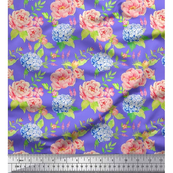 Soimoi Purple Poly Georgette Fabric Periwinkle & Peony Floral Printed Fabric 1 Yard 42 Inch Wide