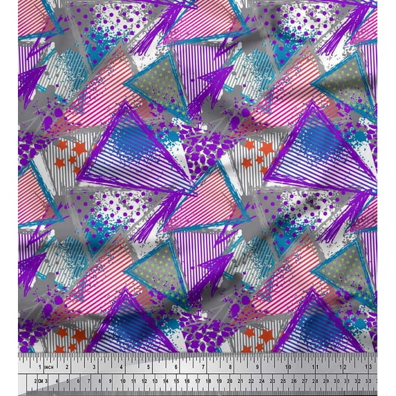 Soimoi Purple Poly Georgette Fabric Triangle & Brush Stroke Abstract Print Fabric by the Yard 42 Inch Wide