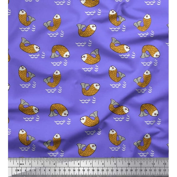 Soimoi Purple Viscose Chiffon Fabric Waves & Fish Ocean Print Sewing Fabric Yard 42 Inch Wide