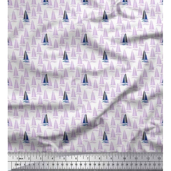 Soimoi Purple Poly Georgette Fabric Yacht & Waves Nautical Printed Fabric 1 Yard 52 Inch Wide