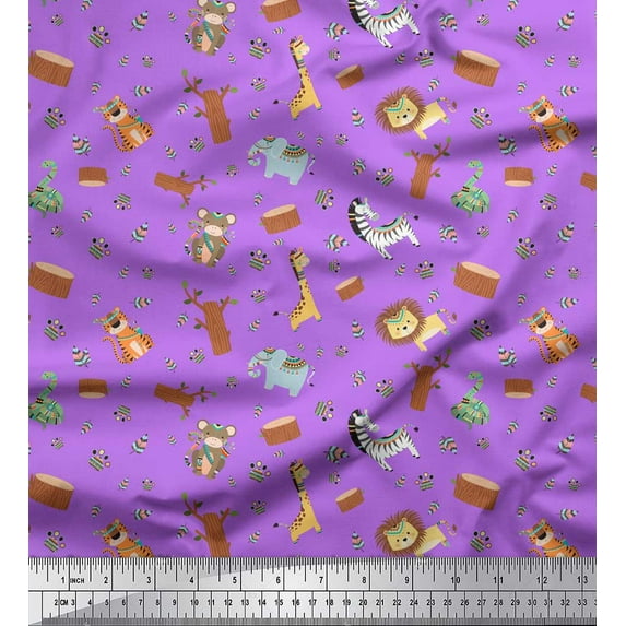 Soimoi Purple Rayon Crepe Fabric Animals & Leaves Tribal Decor Fabric Printed Yard 46 Inch Wide