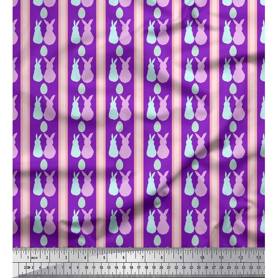 Soimoi Purple Rayon Crepe Fabric Bunny & Egg Stripe Printed Craft Fabric by the Yard 46 Inch Wide