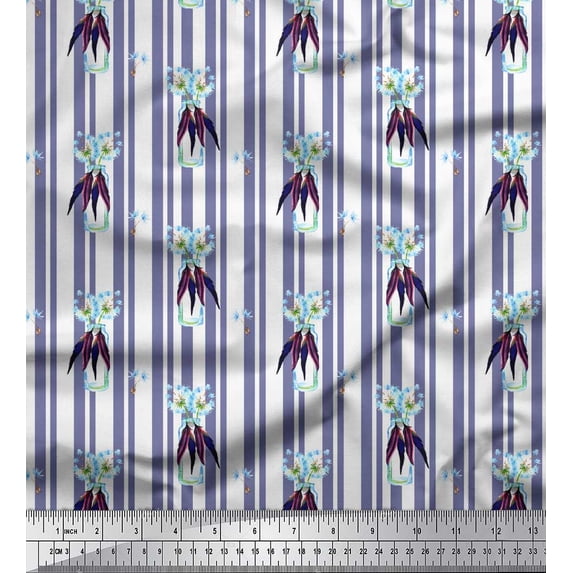 Soimoi Purple Rayon Crepe Fabric Feather & Bottle Vase Stripe Print Fabric by the Yard 46 Inch Wide