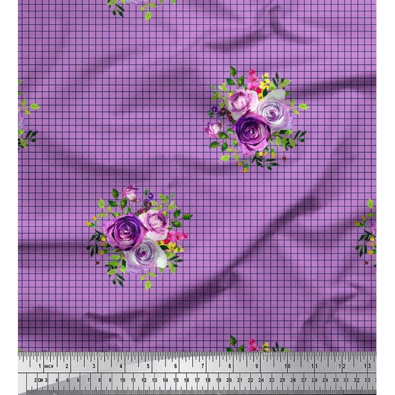 Soimoi Purple Rayon Crepe Fabric Leaves,Artistic Floral & Check Print Fabric by Yard 46 Inch Wide