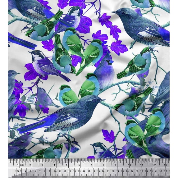Soimoi Purple Rayon Crepe Fabric Leaves,Sparrow & American Robin Bird Print Fabric by The Yard 46 Inch Wide