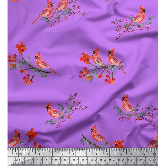 Soimoi Purple Rayon Crepe Fabric Red Berries & Bulbul Bird Printed Craft Fabric by the Yard 46 Inch Wide
