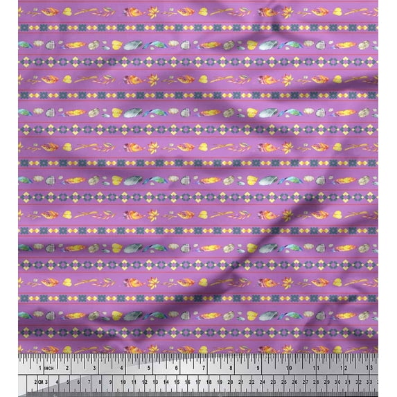 Soimoi Purple Rayon Crepe Fabric Stripe,Stone & Leaves African Print Fabric by Yard 46 Inch Wide