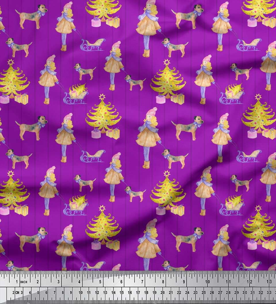 Soimoi Purple Rayon Crepe Fabric Women,Gift Box & Tree Christmas Print Fabric by the Yard 46 Inch Wide