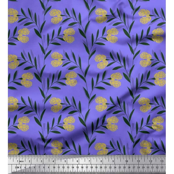 Soimoi Purple Rayon Fabric Leaves & Clover Flower Hand Drawn Print Fabric by Yard 42 Inch Wide