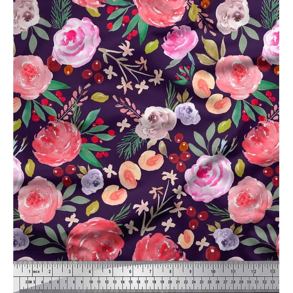 Soimoi Purple Rayon Fabric Leaves & Floral Watercolor Print Fabric by The Yard 56 Inch Wide