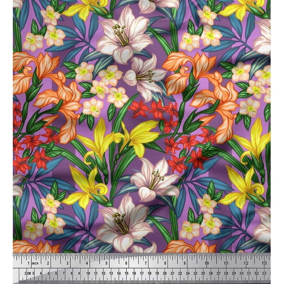 Soimoi Purple Rayon Fabric Leaves, & Lily Floral Print Fabric by the Yard 56 Inch Wide