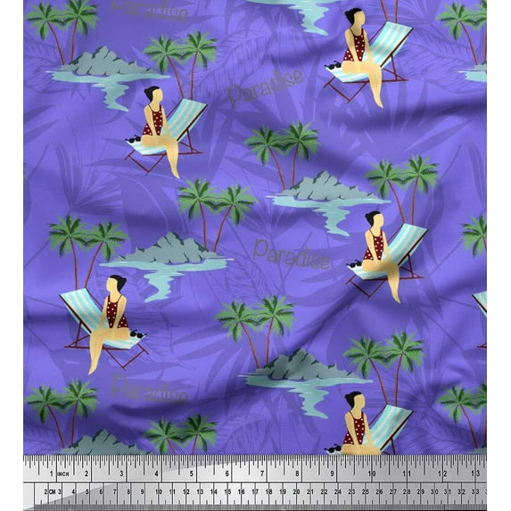 Soimoi Purple Rayon Fabric Plam Tree,Chair & Girl Beach Printed Fabric 1 Yard 56 Inch Wide