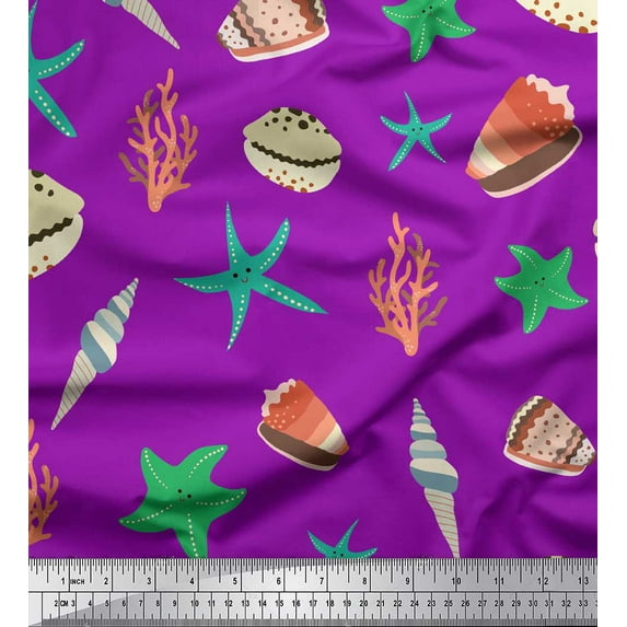 Soimoi Purple Rayon Fabric Starfish & Sea Horns Ocean Print Fabric by Yard 42 Inch Wide