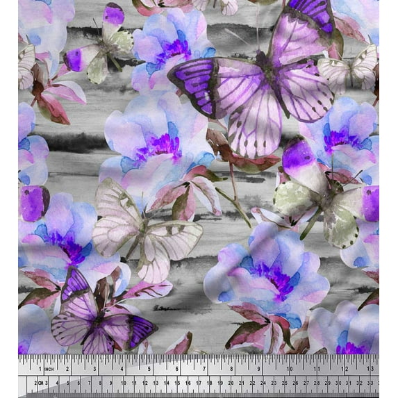 Soimoi Purple Rayon Fabric Stripe,Floral & Butterfly Printed Craft Fabric by The Yard 42 Inch Wide