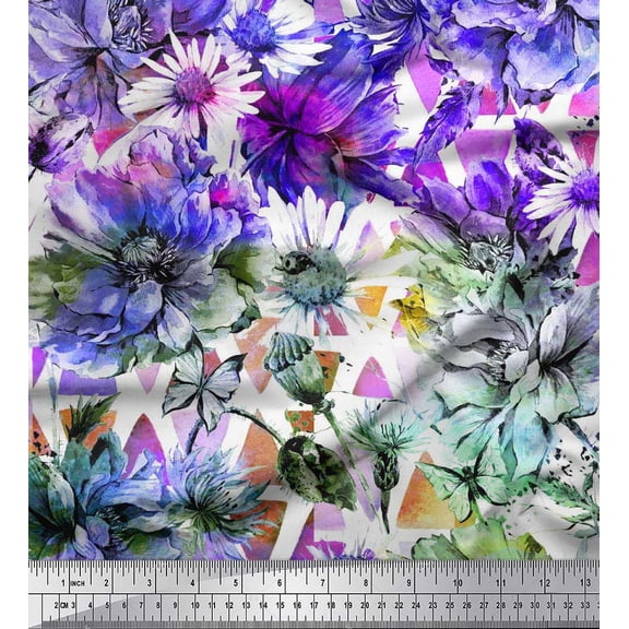 Soimoi Purple Rayon Fabric Triangle & Floral Print Sewing Fabric BTY 56 Inch Wide