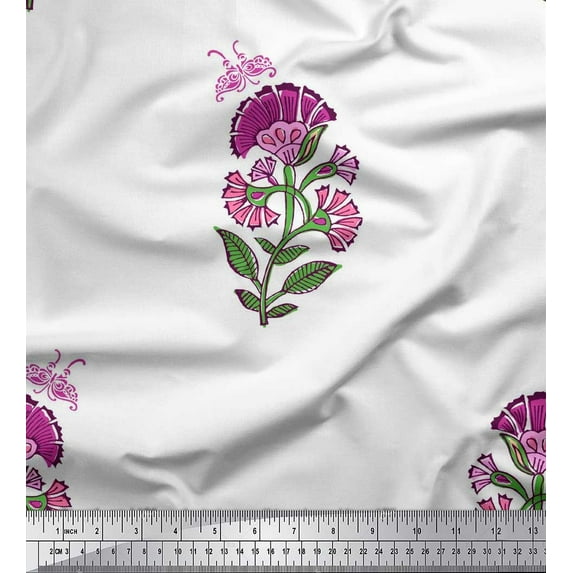 Soimoi Purple Satin Silk Fabric Insect,Leaves & Floral Block Print Sewing Fabric BTY 42 Inch Wide