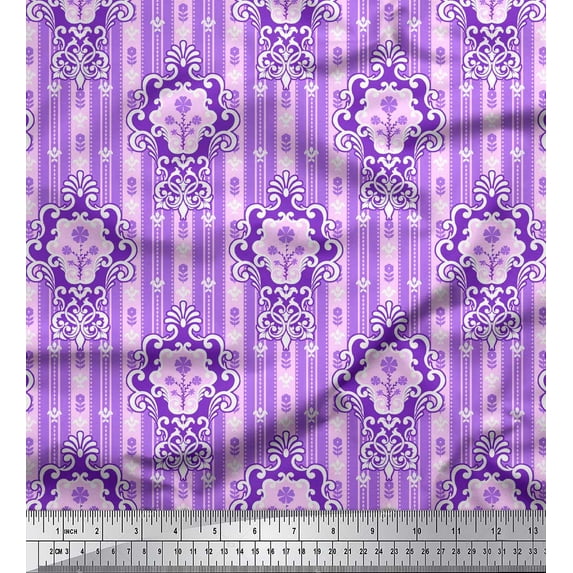 Soimoi Purple Silk Fabric Abstract Damask Print Fabric by the Yard 42 Inch Wide