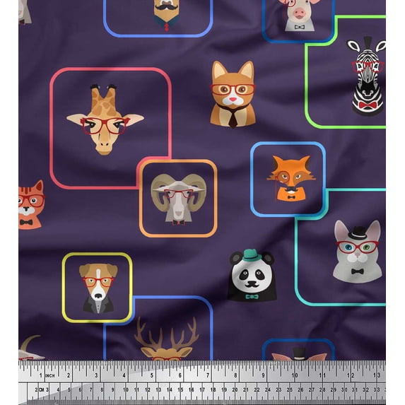 Soimoi Purple Silk Fabric Animals Face Print Fabric by Yard 44 Inch Wide