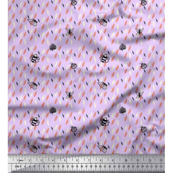 Soimoi Purple Silk Fabric Bee & Lady Bird Insect Print Sewing Fabric Yard 42 Inch Wide