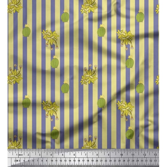 Soimoi Purple Silk Fabric Cactus & Stripe Printed Craft Fabric by the Yard 42 Inch Wide