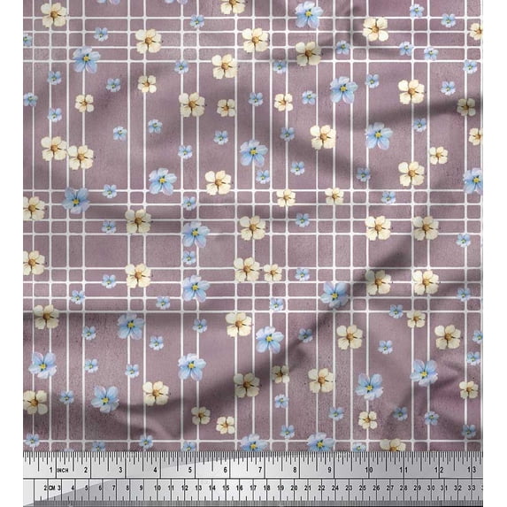 Soimoi Purple Silk Fabric Check & Floral Print Fabric by Yard 42 Inch Wide