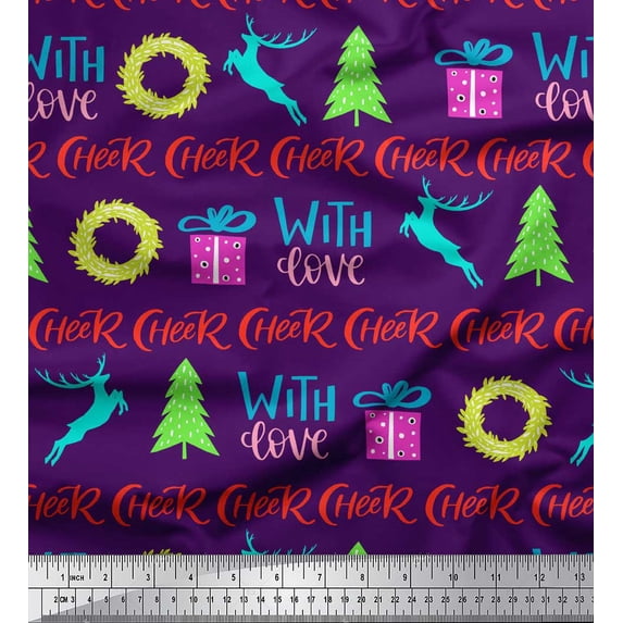 Soimoi Purple Silk Fabric Christmas Tree & Gift Text Print Sewing Fabric Yard 42 Inch Wide