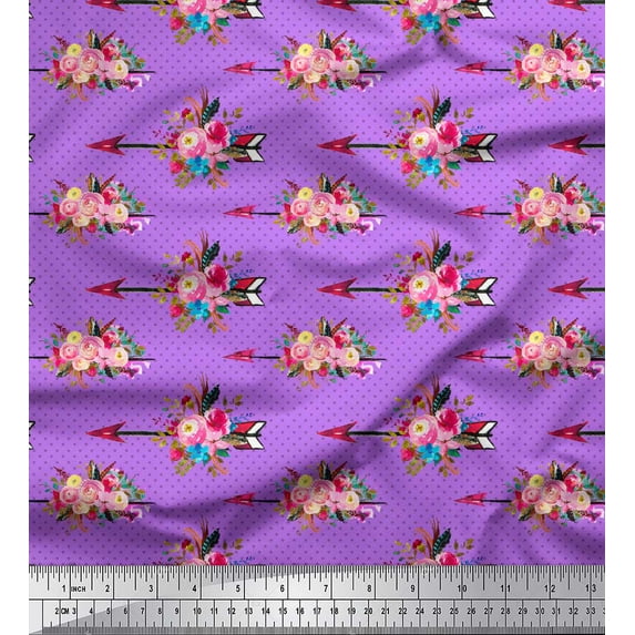 Soimoi Purple Silk Fabric Dot & Ranunculus Floral Decor Fabric Printed Yard 42 Inch Wide