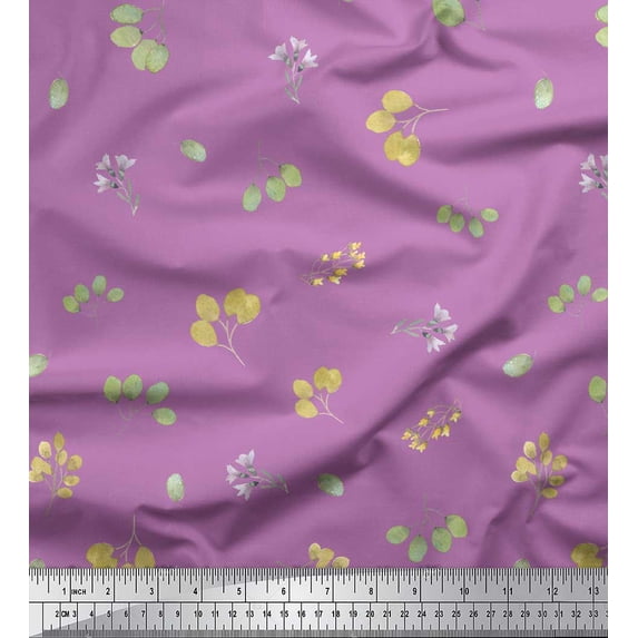 Soimoi Purple Silk Fabric Flower Leaves Print Fabric by the Yard 42 Inch Wide