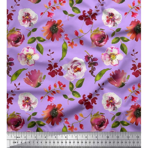 Soimoi Purple Silk Fabric Leaves & Anemone Floral Fabric Prints By Yard 42 Inch Wide