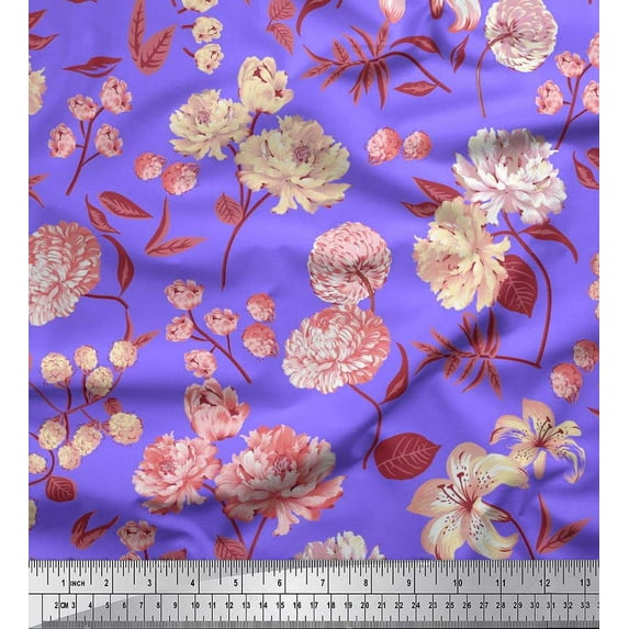 Soimoi Purple Silk Fabric Leaves & Artistic Floral Decor Fabric Printed BTY 42 Inch Wide