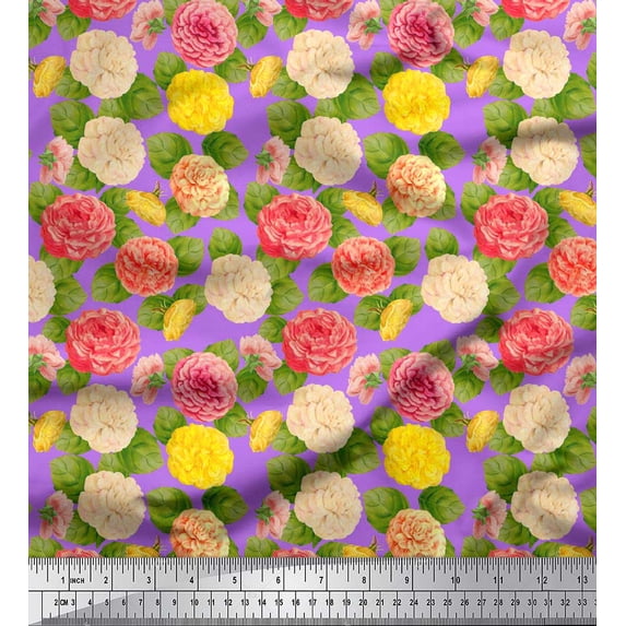 Soimoi Purple Silk Fabric Leaves & Begonia Floral Print Sewing Fabric Yard 42 Inch Wide
