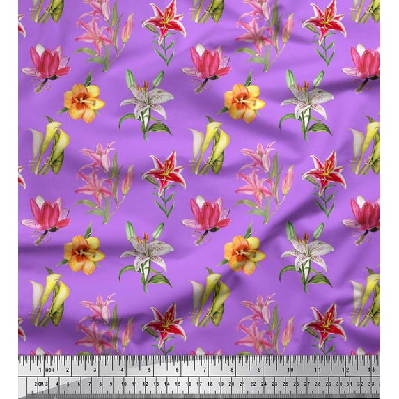 Soimoi Purple Silk Fabric Lily & Lotus Floral Print Fabric by the Yard 42 Inch Wide