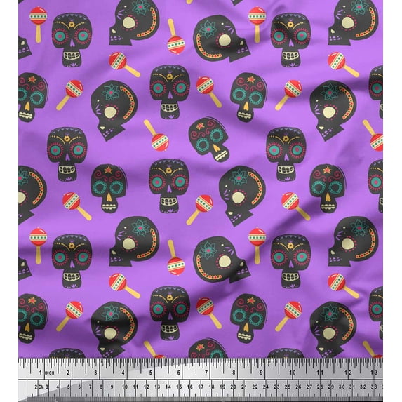 Soimoi Purple Silk Fabric Lollipop & Tribal Skull Printed Fabric 1 Yard 42 Inch Wide