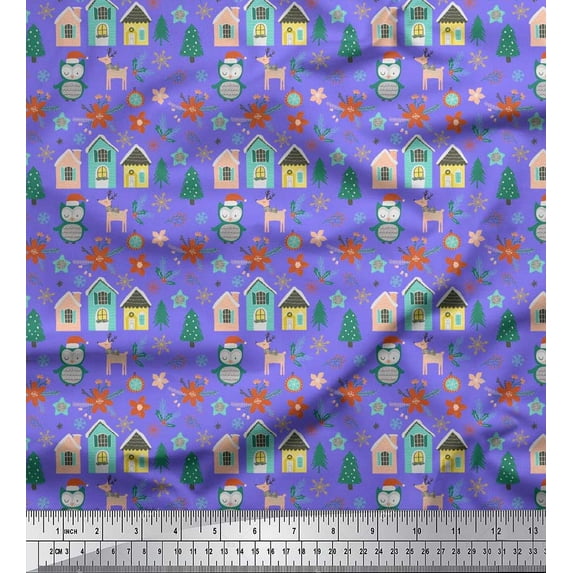 Soimoi Purple Silk Fabric Owl & Tree Christmas Printed Fabric 1 Yard 42 Inch Wide