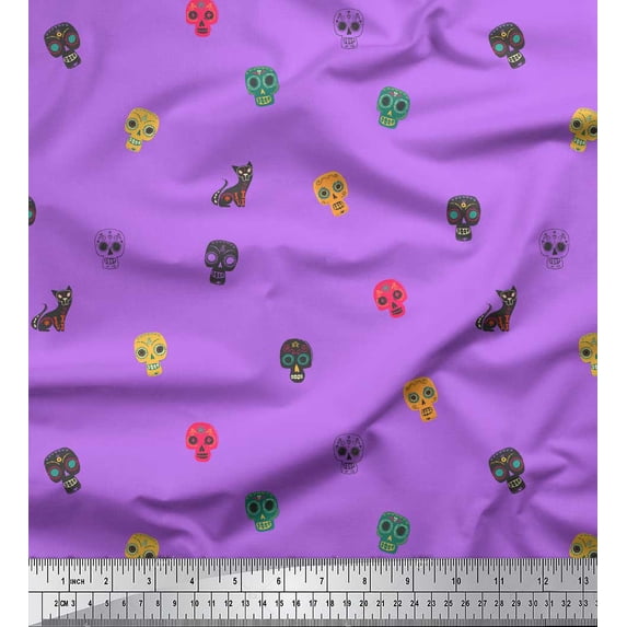 Soimoi Purple Silk Fabric Skull & Cat Tribal Decor Fabric Printed Yard 42 Inch Wide
