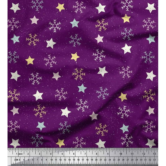 Soimoi Purple Silk Fabric Snow Flakes & Star Print Fabric by the Yard 42 Inch Wide