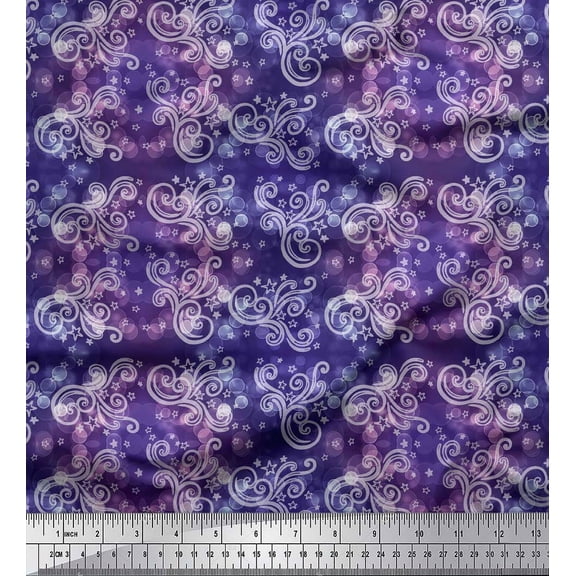 Soimoi Purple Silk Fabric Star,Circle & Swirls Abstract Print Sewing Fabric Yard 42 Inch Wide