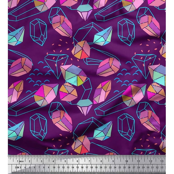 Soimoi Purple Silk Fabric Stone & Diamond Geometric Decor Fabric Printed Yard 42 Inch Wide