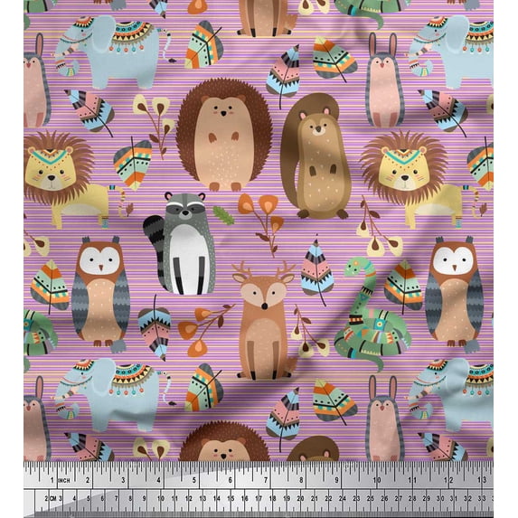 Soimoi Purple Silk Fabric Stripe & Animals Tribal Printed Fabric 1 Yard 42 Inch Wide