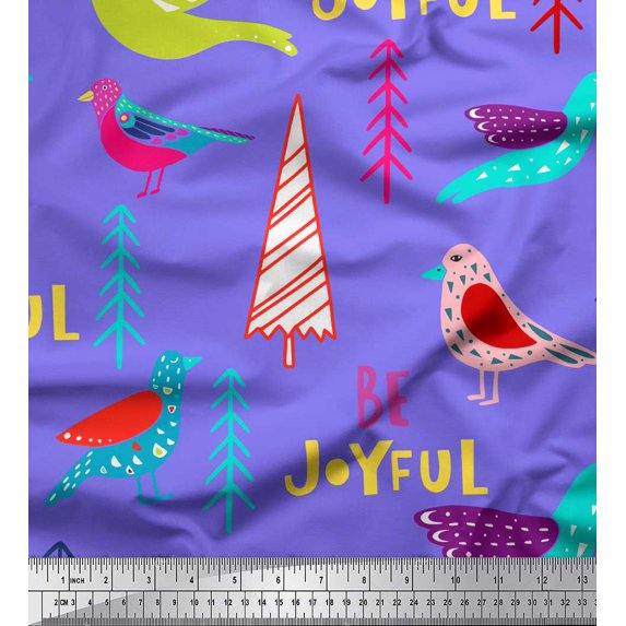 Soimoi Purple Silk Fabric Text & Bird Artistic Print Sewing Fabric Yard 42 Inch Wide