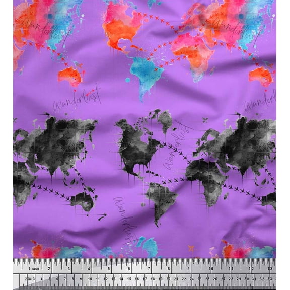 Soimoi Purple Silk Fabric Text & Map Watercolor Decor Fabric Printed Yard 42 Inch Wide